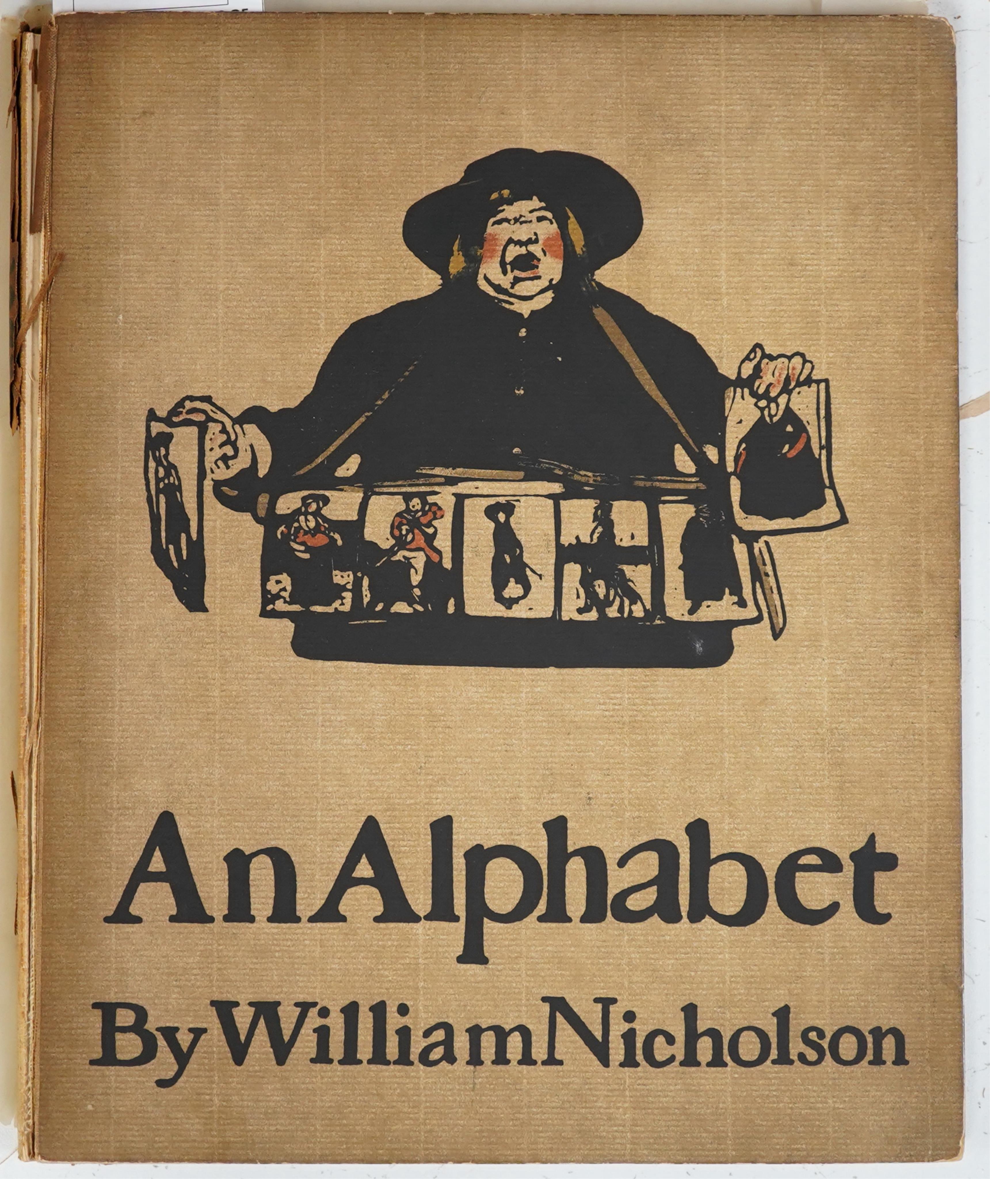 Nicholson, William - An Alphabet. 1st edition. coloured title device and 26 coloured lithographed plates, sports almanac slip tipped-in at end; original coloured pictorial boards, 4to. 1898